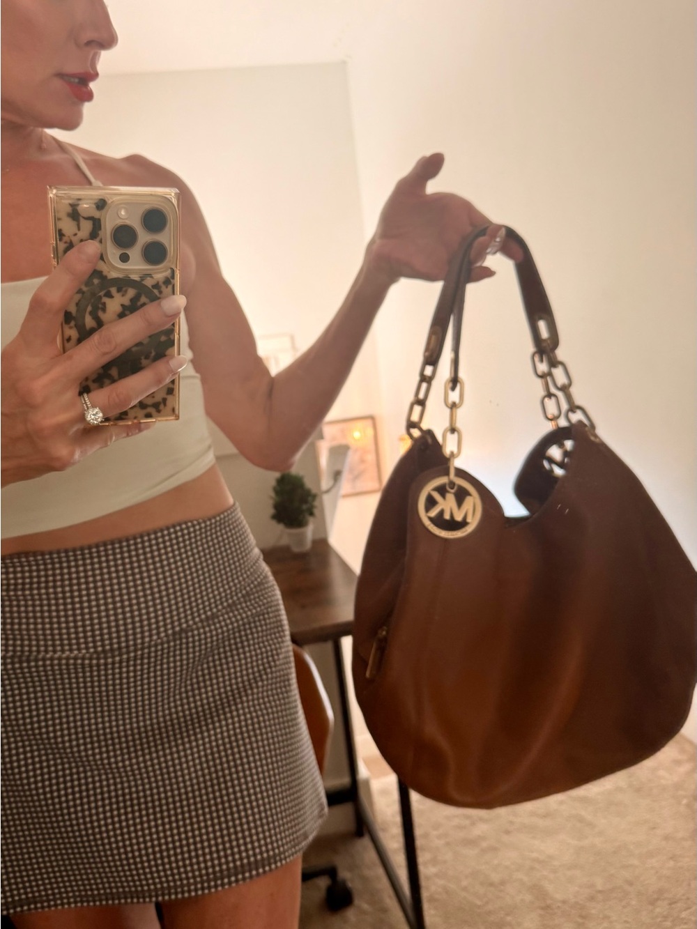 Michael Kors Brown Pebbled Leather Hobo Shoulder Bag Gold Hardware